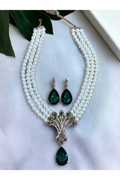 FAYRA ACCESSORIES Zümrüt Yeşil Hayat Ağacı Figür İnci Kolye ve Küpe Seti