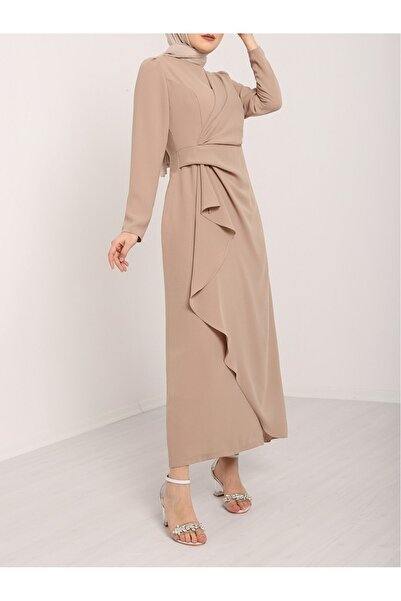 Modamorfo Μπεζ ασύμμετρο κρεπ φόρεμα - Διακοσμημένο μπροστά
