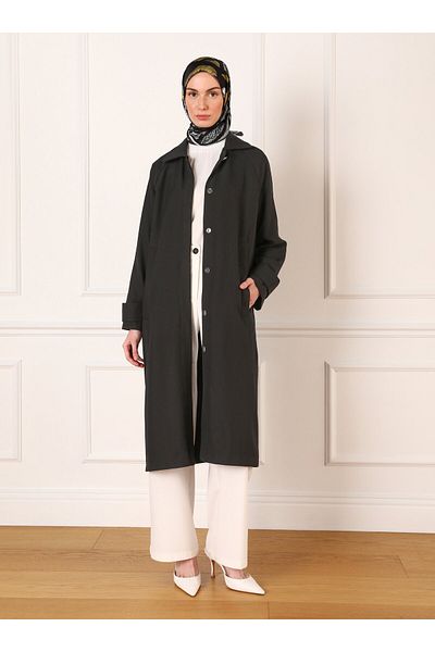 Refka Black Fleto Pocketed Shirt Collar Overcoat - Refka