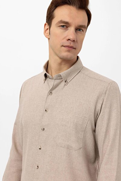 SÜVARİ Ανδρικό χειμερινό πουκάμισο Süvari Loose Fit Beige Plain Flannel με τσέπες