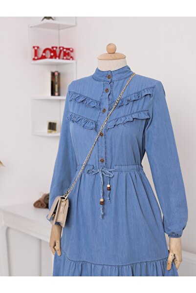 Modamorfo Džínové šaty s polovičním zapínáním na knoflíky a volánky na přední straně - tmavě modrá