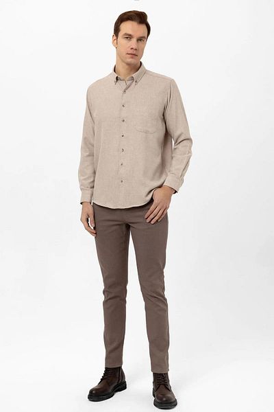 SÜVARİ Ανδρικό χειμερινό πουκάμισο Süvari Loose Fit Beige Plain Flannel με τσέπες