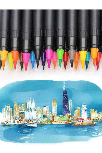 Modellino 12 Colors Dual Type Brush Grip Fineliner Pen with Double Ended Brush and Needle Tip