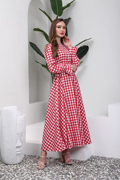 KÜÇÜĞÜM BUTİK Hijab Red Gingham Flared Dress