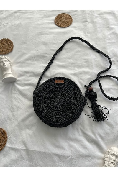 G.G. Handmade ÖRGÜ ÇANTA KÂĞIT İP SİYAH yuvarlak çanta, püsküllü hasır çanta