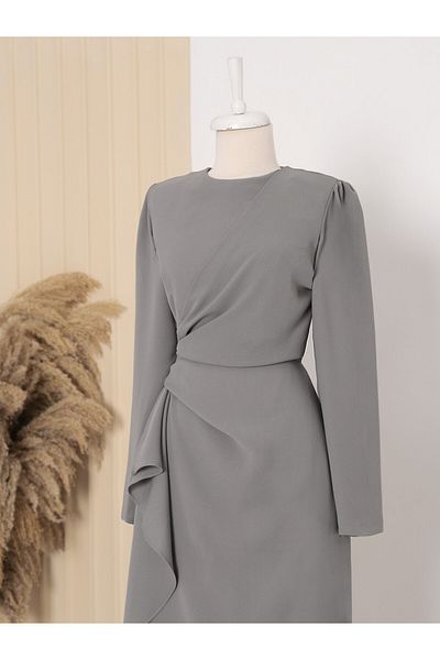 Modamorfo Grey Crepe Dress with Asymmetrical Cutouts and Buttons on Front