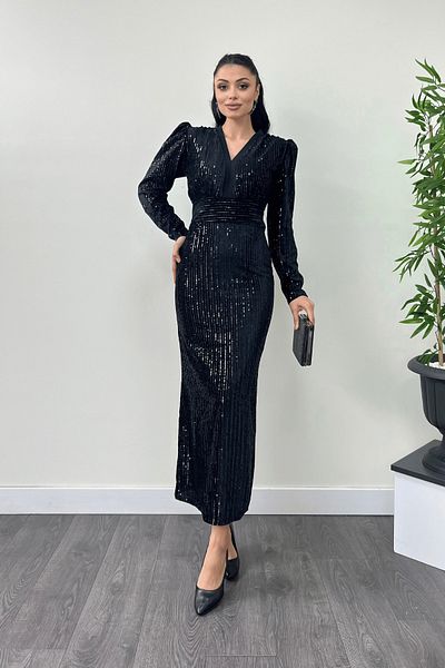 giyimmasalı Velvet Stripe Sequin Fabric Design Pencil Dress - BLACK