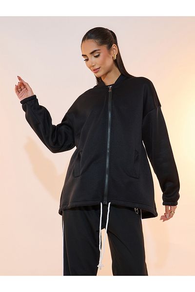 Styli Solid Front Zipper Drawstring Hem Jacket