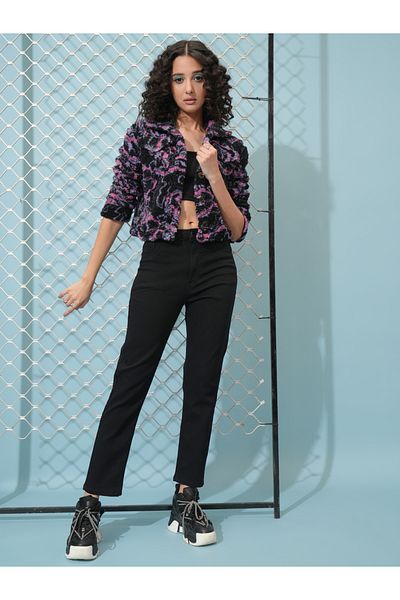 Tokyo Talkies By Styli Abstract Print Button Detail Collared Jacket