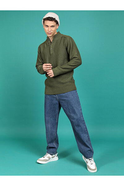 Highlander By Styli High Neck Knit Sweater with Button Placket