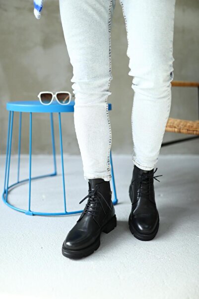 Serhat Özköroğlu - Siyah Antik Deri Bağcıklı,fermuarlı - Erkek Bot