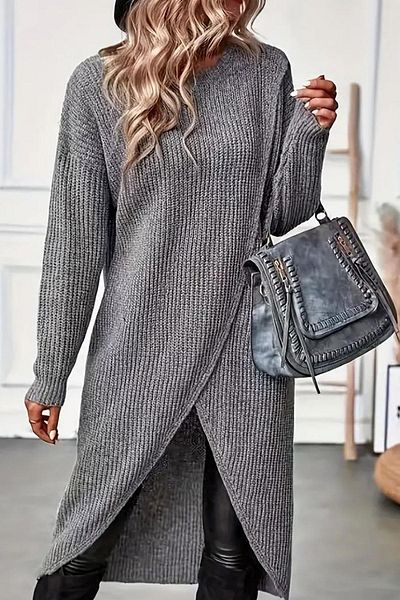 Deafox Gray Women's Long Sleeve Crew Neck Front Cross Cut Detail Midi Knitwear Dress