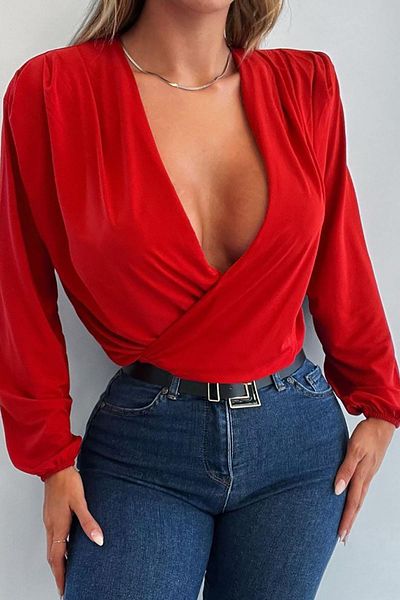 Deafox Red Long Sleeve Double Breasted Neck Sandy Blouse