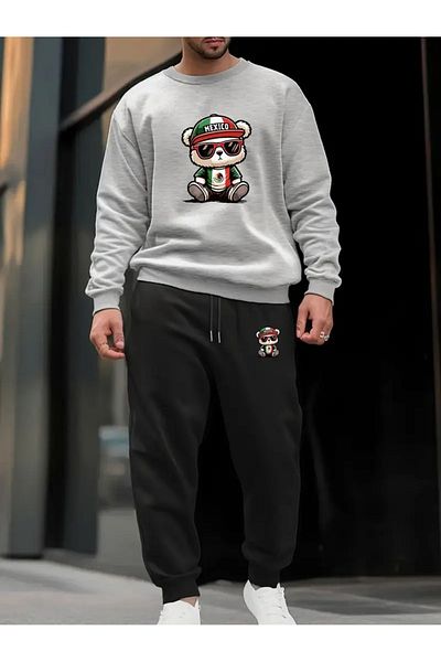 Sezon tekstil Unisex Black Printed Crew Neck Tracksuit Set