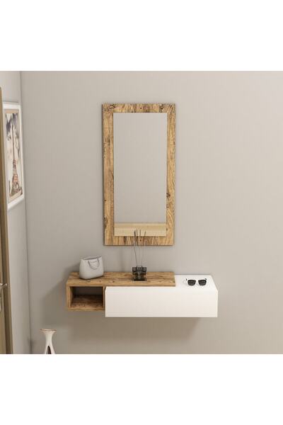 ARNETTİ Vien Çekmeceli Raflı Duvara Monte Aynalı Dresuar, Atlantik Çam & Beyaz - Vien