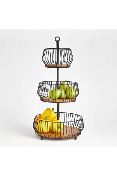 Crate & Barrel سلة فواكه كورا بلاك أكاسيا ثلاثية الطبقات - تصميم أنيق وعملي