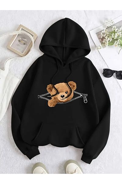 Elfa Tekstil Unisex Μαύρο φούτερ με κουκούλα αρκουδάκι
