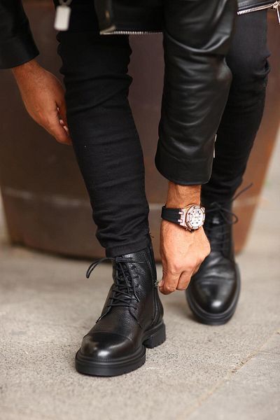 Serhat Özköroğlu - Black Leather Flooter Lace-up Zippered Men's Boots