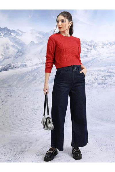 Tokyo Talkies By Styli Cable Knit Round Neck Sweater with Long Sleeves