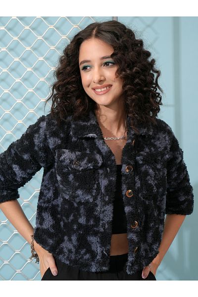 Tokyo Talkies By Styli Abstract Print Button Detail Collared Jacket