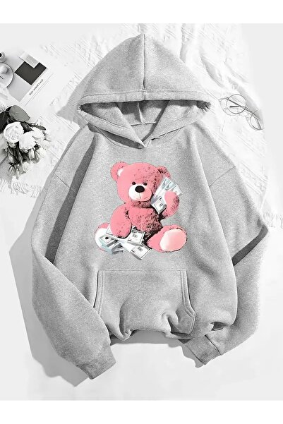 Arwen Fashion Unisex Gray Pink Teddy Bear Printed Sweatshirt