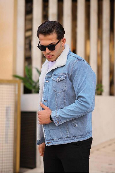 Pobudo Blue Washed Antique Fabric Fur Denim Coat
