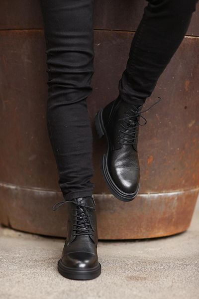 Serhat Özköroğlu - Black Leather Flooter Lace-up Zippered Men's Boots