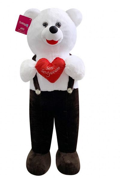 Selay Black Bear in Overalls with Hearts 75cm
