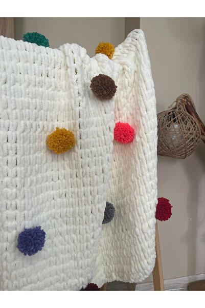 örgü Puffy ponponlu yumoş battaniye 85x90cm