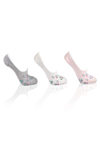 Rays 1110 Floral Patterned 3-Piece Ballerina Socks Ecru-Grey-Pink