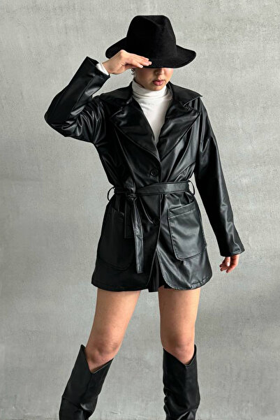 Swana Trench de damă din piele cu detalii cu nasturi