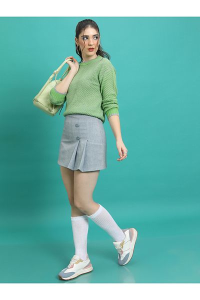 Tokyo Talkies By Styli Textured Waffle Knit Round Neck Sweater