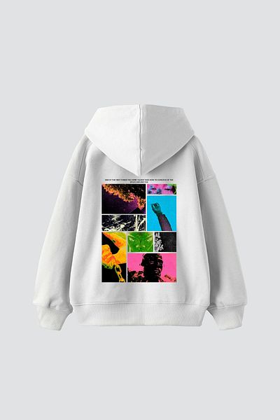 Bak Moda Πρώτη Space Printed Oversize Unisex Λευκή κουκούλα