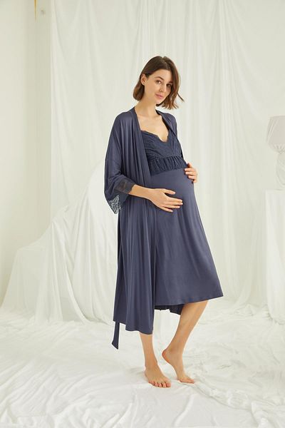 MONAMİSE Navy Blue Breastfeeding Strap Maternity Maternity Nightgown Dressing Gown Set