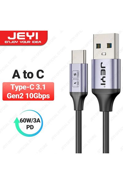JEYI كابل USB A إلى C بطول 23 سم من JEYI USB A إلى Type C، شحن سريع 60 وات، 10 جيجابت في الثانية، سلك بيانات USB شاحن لهاتف Samsung