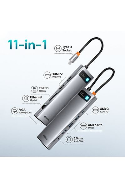 Baseus موزع صوت USB C 11 في 1 بمنفذين HDMI إلى محول VGA USB 3.0 متوافق مع HDMI موزع USB Type C 9/11 في 1