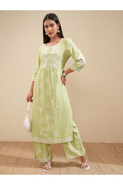 Vishudh By Styli Floral Embroidered Thread Work Straight Kurta & Palazzos Set