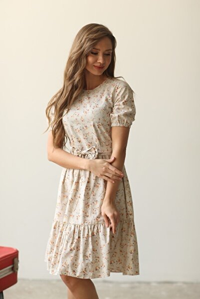 KÜÇÜĞÜM BUTİK Κρεμ δάπεδο Μικρό φλοράλ φόρεμα ποπλίνα