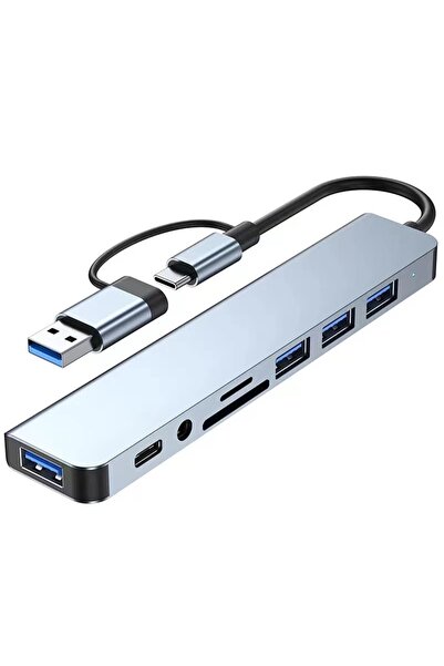 Choice موزع USB 8 في 2 باللون الرمادي مع قارئ بطاقات مقسم، منفذ USB C، USB 3.0 / 2.0، قارئ بطاقات مقسم Sd/tf