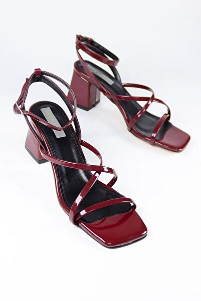 NiceDiffer Bilekten Bağlamalı Topuklu Bordo Rengi Kadın Sandalet