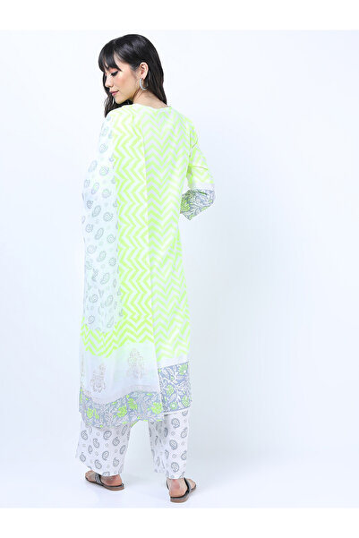 Vishudh By Styli Pack of 3 - Floral Yoke Design Empire Kurta, Trousers & Dupatta