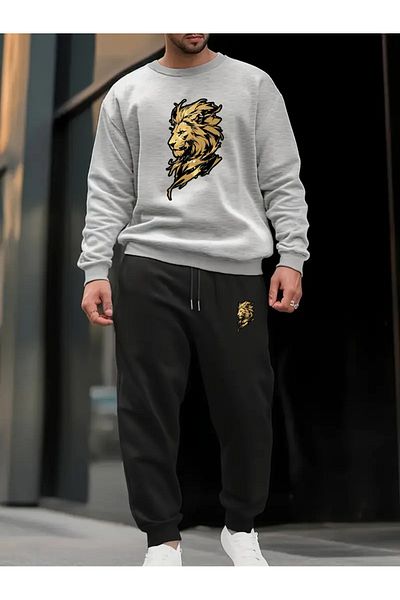 Sezon tekstil Unisex Gray Lion Printed Crew Neck Tracksuit Set