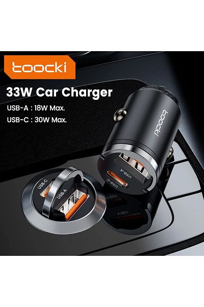 Choice شاحن سيارة صغير Toocki 33 وات أسود اللون مزود بحلقة سحب PD Qc3.0 للشحن السريع من النوع C وشاحن سيارة USB لهاتف Iph
