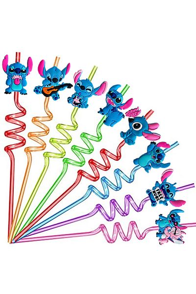 Choice 8 Pieces Cartoon Stitch Series Curved Straw Ice Cream Straw Soft Rubber Environmentally Friend Mater