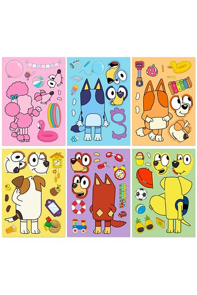 Choice 6 Pcs Bluey Anime Cartoon Dog Puzzle Stickers Cute Children Diy Color Puzzle Education Stick