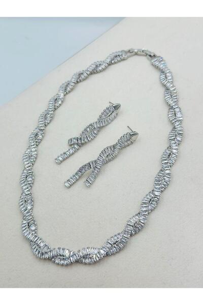 MyladyAccessoriess Beyaz Altın Kaplama Kesme Baget Taş Set Takı