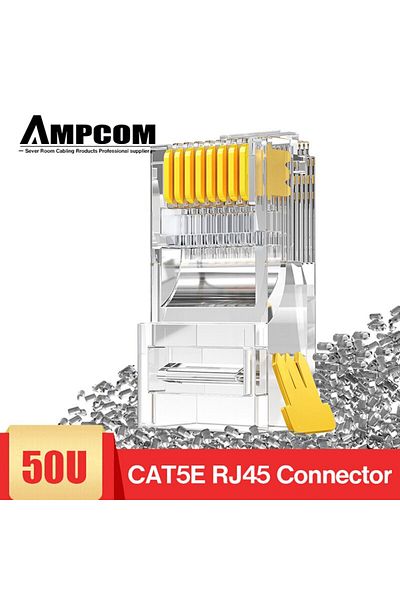 Choice 100 قطعة من كابلات Ampcom Cat5e Rj45 Connector 8p8c Ethernet المعيارية مع أطراف Rj 45 وكابل شبكة محلية 50u مطلي بالذهب