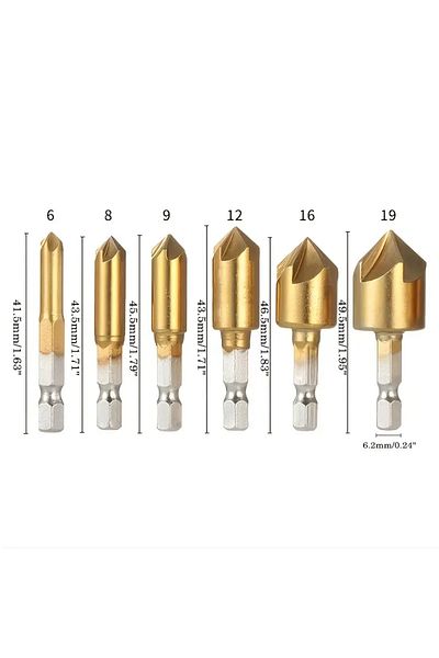L-FIRST Hexagonal 6pcs Ts Countersink Drill Bit Set - 6pcs 1/4" Hex Shank 90 Degree 5 Flute Hss Chamfering C