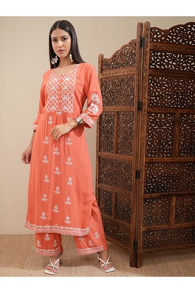 Vishudh By Styli Floral Embroidered Thread Work Straight Kurta & Palazzos Set