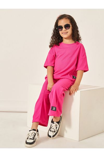 Styli Oversized Waffle Knit Patch Detail T-Shirt & Wide Leg Pants Set